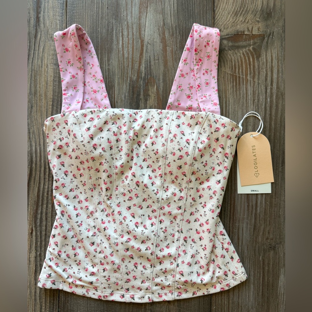 Blogilates Tiny Bows Corset Tank Top Women’s Small Cream Pink Floral NWT